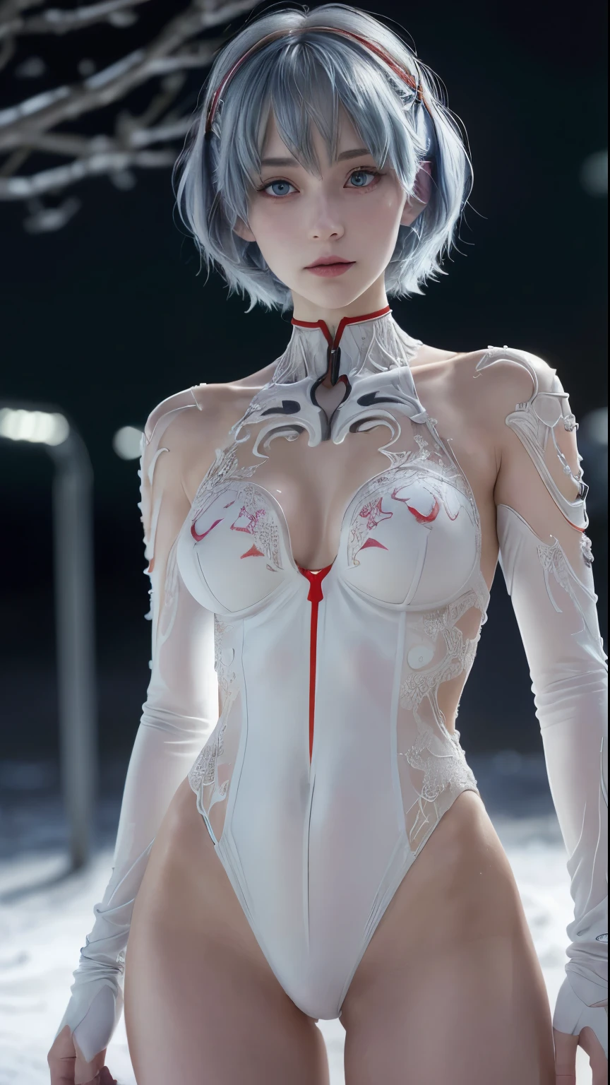 (best quality, masterpiece, colorful, dynamic angle, highest detailed)(\Rei Ayanami\), upper body photo, fashion photography of cute girl (\Rei Ayanami\), red eyes, dressing high detailed Evangelion white suit (high resolution textures), in dynamic pose, bokeh, (intricate details, hyperdetailed:1.15), detailed, moonlight passing through hair, (fantasy colors background, official art, extreme detailed, highest detailed), HDR+