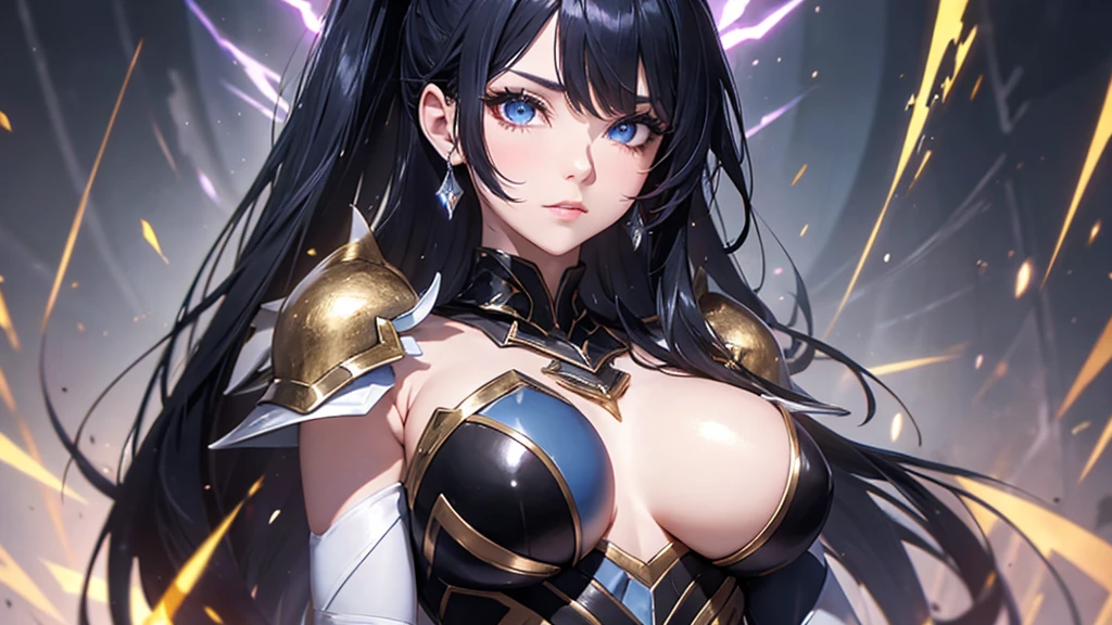 a mature woman, Confident, mighty and strong, (black blue hair streaked sky blue luminous hair), ((Extra long high ponytail with single side ear front hair combed in back)), floating hair, hair strand, shiny hair, blue amber eyes, pupils sparkling, aqua eyes, glowing eyes, pupils sparkling, upturned eyes, long upper eyelashes, double eyelids, deep red purple lips, white crystal earrings, a slight smile, (((Glowing clothing effect))), (Silver full body heavy armor), (((super high exquisite black and gold twin color pattern on silver armor))), ((Right hand holds a silver spear with lightning)), ((The left forearm is surrounded by fire and lightning)), (A huge upright lightning ring totem floats behind the shoulders), She is a war goddess, Random pose, Random expressions, Random background, White light surrounding the body, god rays, anime, full_body, Wide-Angle, UHD, masterpiece, award winning, 8k, super detail, best quality, retina, ccurate, super textured skin, super detail face, perfect face, Super fine facial details, beautiful and delicate eyes, perfect eyes, anatomically correct, correct limbs, correct finger, super detail finger, best hair quality, best clothing quality, best prop quality, best totem detail and quality, complex totem detail