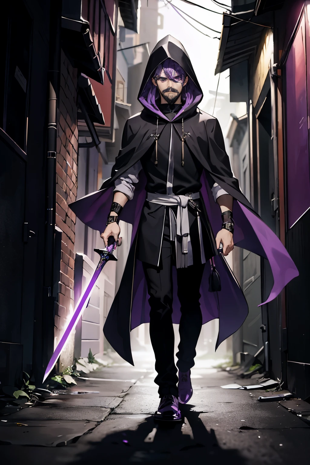 1 guy , purple eyes, purple hair, purple Mustache, black outfit with a cloak and a hood on his head, walking inside a dark alley with two long swords.