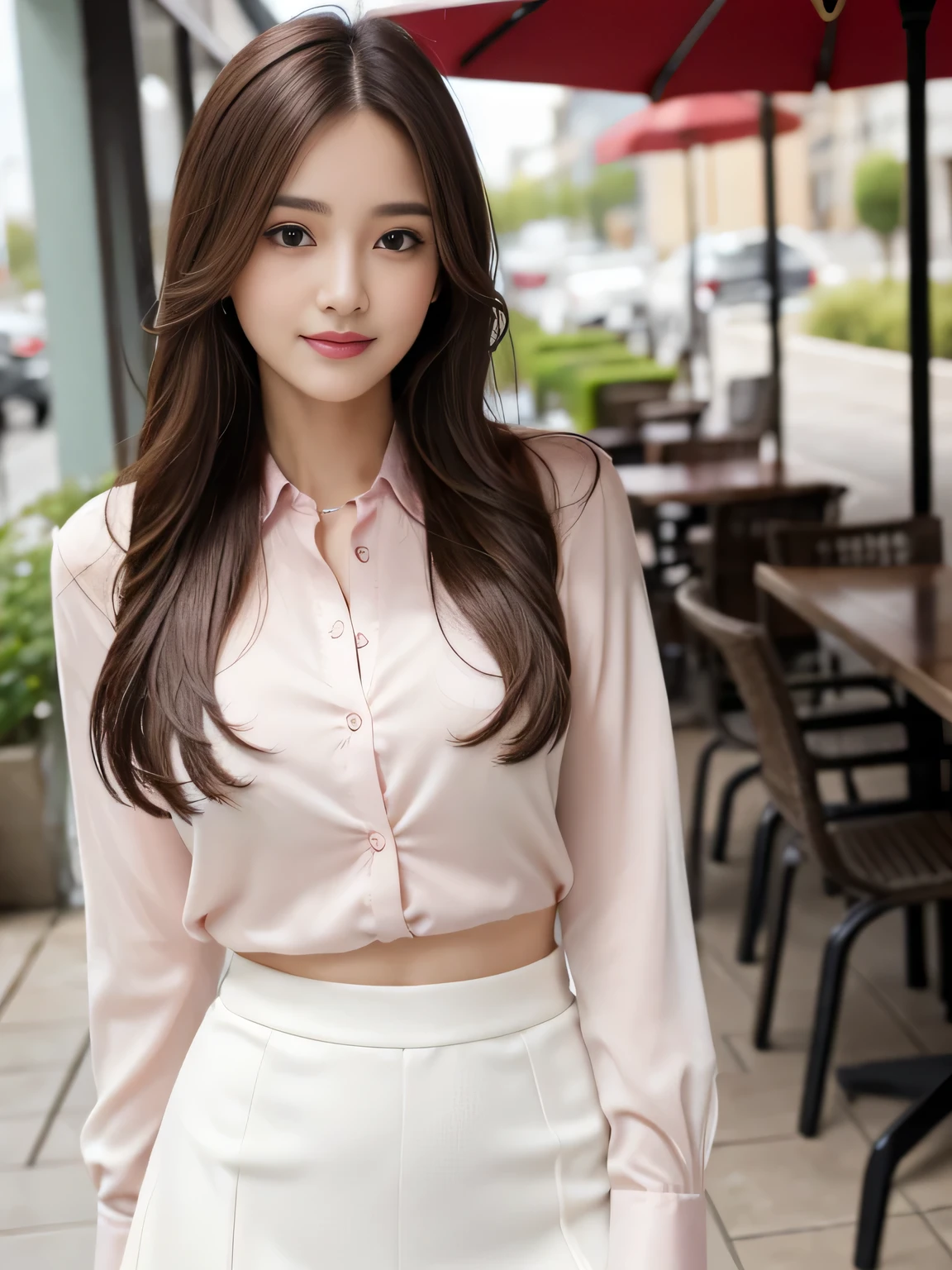 best quality, realistically, super detailed, detailed pubic hair, High resolution, 8k wallpaper, 1 beautiful woman, Pink wet lips, light brown messy hair, wearing a suit, shirt, white skirt, lock focus, perfect dynamic composition, beautiful eyes, delicate hair, Detailed realistically skin texture, smile, close up portrait, model body shape, On the open terrace of the cafe, blurred background, (full body shot), Shooting from a distance, Random Body Orientation,