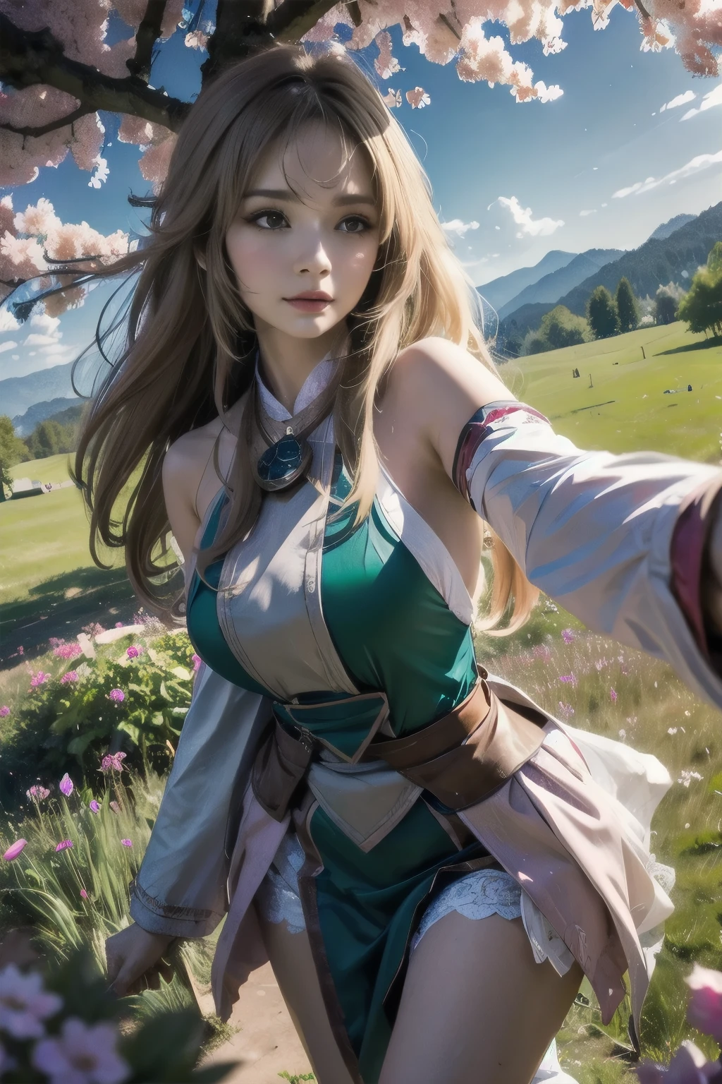 In a green meadow is a girl who leads a group of knights. BREAK With a brave expression, guides them to their destination. BREAK Behind her, A green forest extends and beyond that, Mountains rise in the distance. BREAK The most suitable effect for this scene would be a watercolor painting technique to capture the softness of the meadow and the fluidity of movement.. ,((detailed)), ((high quality)),((well structured)),((anatomically correct)),((good composition)), ((good perspective)),((masterpiece)), ( ( detailed outline)),((extremely detailed)),((digital art)), digital illustration, ((well-proportioned bodies)), high resolution, high definition, full definition, full resolution, detailed face, 4k,HD, Sharp,perfect,depth,with depth,sharp focus,Depth of field