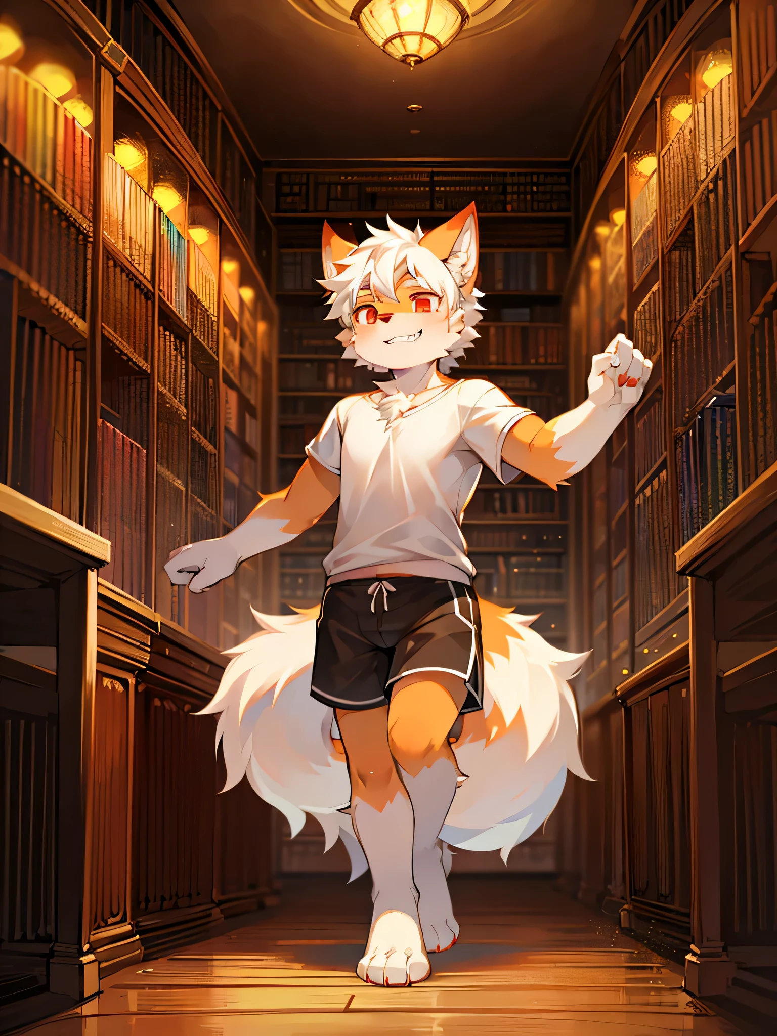 8K, masterpiece, best quality,Lovely Illustrations,number,brightness,(Detailed background)Orange and white fox orc(Shota),(white hair,fluffy hair,Character focus)8 year-old,young and energetic,hairy chest,Red eyes,Full body fur shorts,White shirt,alone(long canine teeth,furry tail)Lovely,library