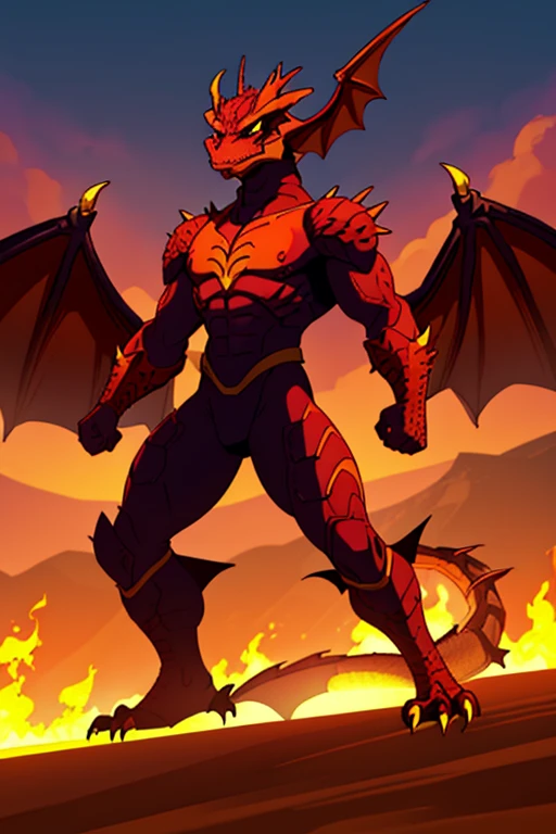 (A full body image of a heroic human dragon anthro, r ed scales and spiked head, wings), (Fire on it s hands), (background is a sunny desert) (he looks lik e a superhero) ((((Head resembles a dragon))), but the bo dy is more human))