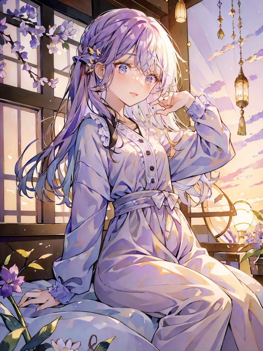 ((masterpiece, highest quality, best image quality, High resolution, )), 夕日を背景にした紫色のflower garden, really beautiful nature, Lilac Sun Raise, Lavender fields in full bloom, beautiful nature, purple sky, beautiful purple sky, Purple Sunset, violet and yellow sunset, so beautiful, In a lavender field in France, at Purple Sunset, beautiful place, 幻想的なflower garden, Purple Sun, flower garden, A young woman is sitting in a small boat in the middle of a lavender field, mini character