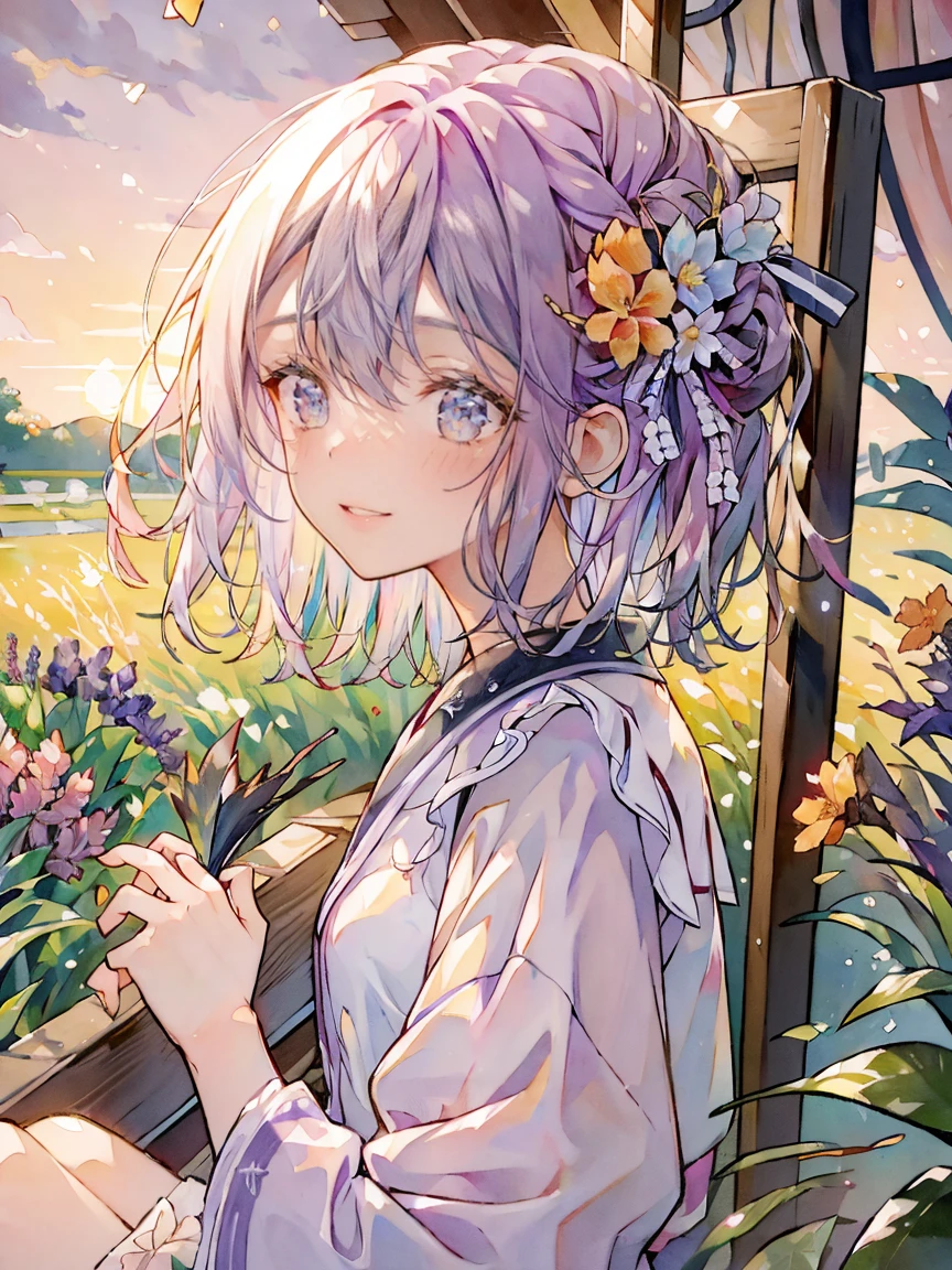 ((masterpiece, highest quality, best image quality, High resolution, )), 夕日を背景にした紫色のflower garden, really beautiful nature, Lilac Sun Raise, Lavender fields in full bloom, beautiful nature, purple sky, beautiful purple sky, Purple Sunset, violet and yellow sunset, so beautiful, In a lavender field in France, at Purple Sunset, beautiful place, 幻想的なflower garden, Purple Sun, flower garden, A young woman is sitting in a small boat in the middle of a lavender field, mini character