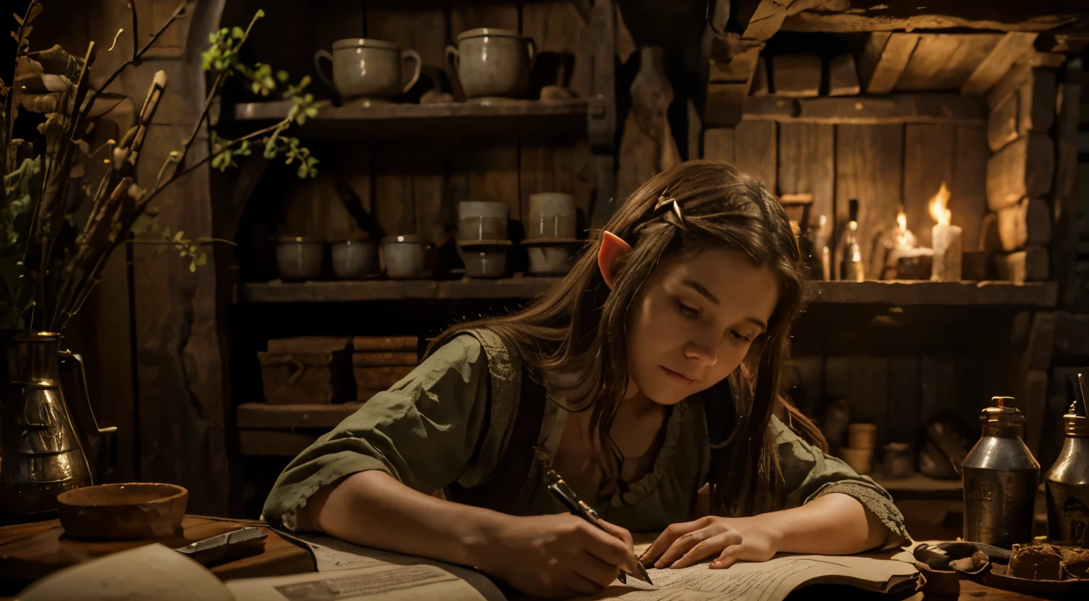 hobbit tavern, a pretty hobbit medieval elf girl writting in a old paper, fireplce back ( do the face more detailed )