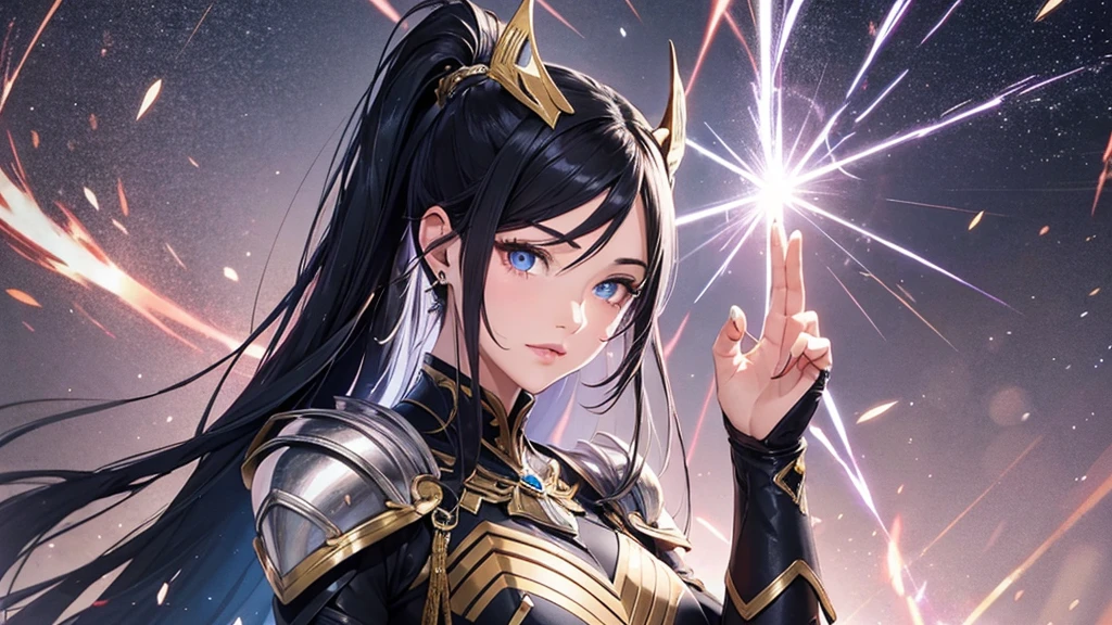 a mature woman, Confident, mighty and strong, (black blue hair streaked sky blue luminous hair), ((Extra long high ponytail with single side ear front hair combed in back)), floating hair, hair strand, shiny hair, blue amber eyes, pupils sparkling, aqua eyes, glowing eyes, pupils sparkling, upturned eyes, long upper eyelashes, double eyelids, deep red purple lips, white crystal earrings, a slight smile, (((Glowing clothing effect))), (Silver full body heavy armor), (((super high exquisite black and gold twin color pattern on silver armor))), ((Right hand holds a silver spear with lightning)), ((The left forearm is surrounded by fire and lightning)), (A huge upright lightning ring totem floats behind the shoulders), She is a war goddess, Random pose, Random expressions, Random background, White light surrounding the body, god rays, anime, full_body, Wide-Angle, UHD, masterpiece, award winning, 8k, super detail, best quality, retina, ccurate, super textured skin, super detail face, perfect face, Super fine facial details, beautiful and delicate eyes, perfect eyes, anatomically correct, correct limbs, correct finger, super detail finger, best hair quality, best clothing quality, best prop quality, best totem detail and quality, complex totem detail