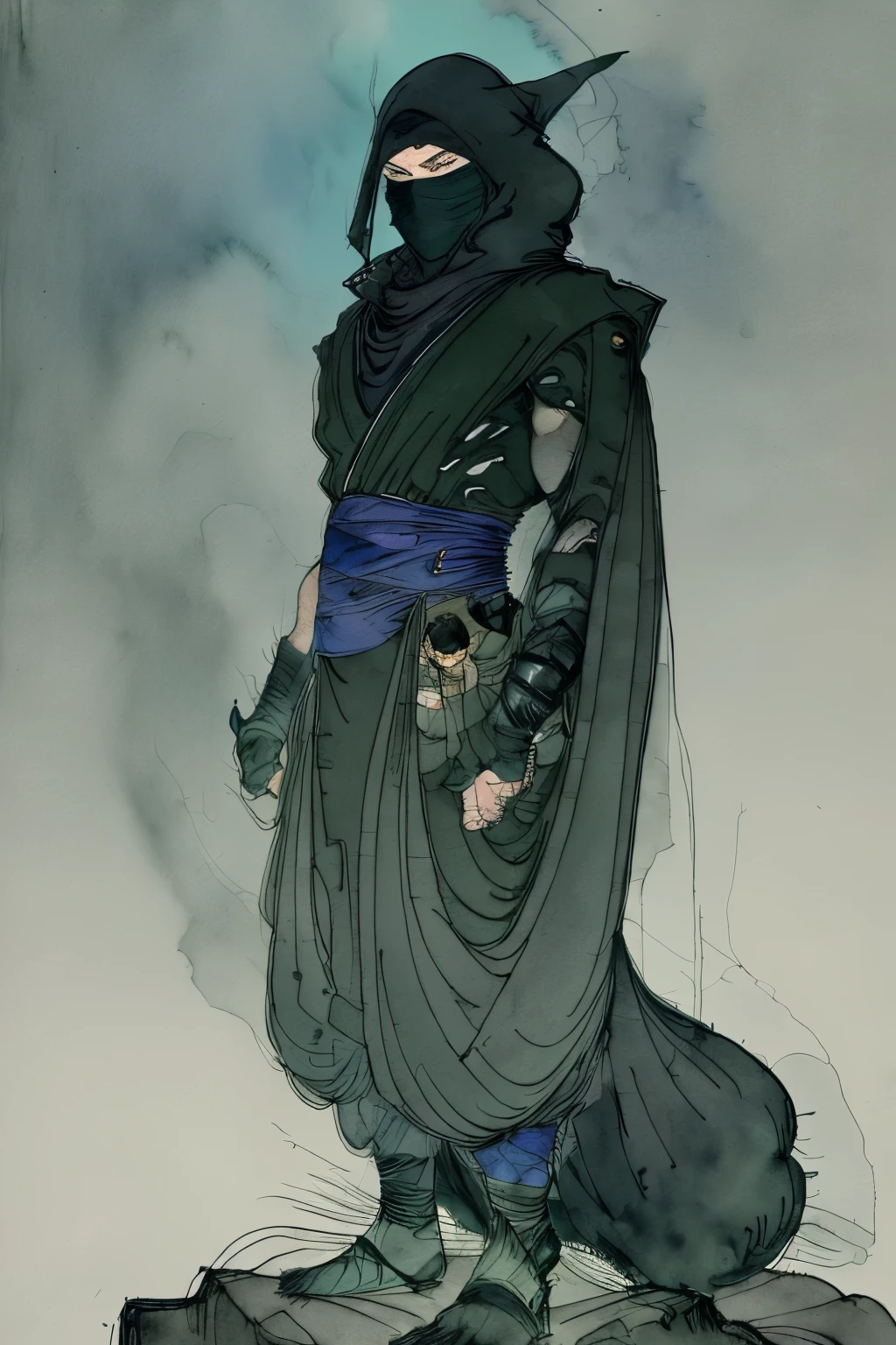 a mysterious ninja with face wrapped in cloth, dark green and black detailed loose thick clothing covering body, standing on top of a cliff bathed in moonlight extravagant
 amano yoshitaka, fantasy,scifi, complex background (full body), (dynamic pose)
pencil drawing and watercolor painting , muted color
wallpaper, abstract, details, masterpiece, best quality,  artstation