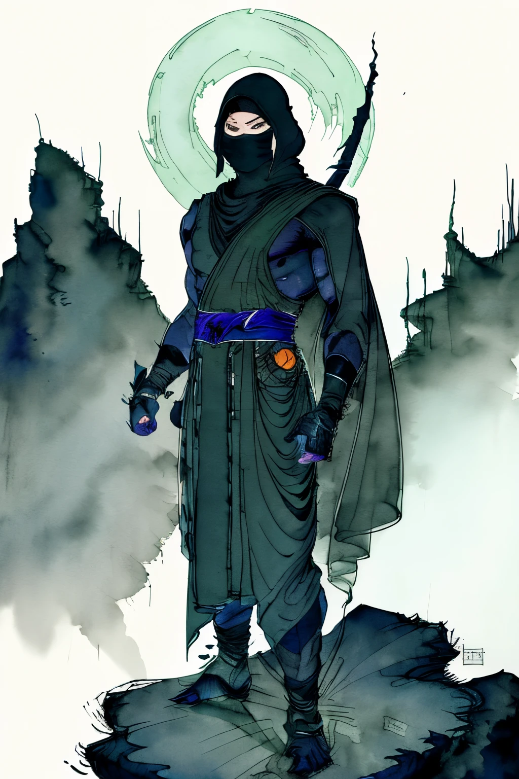 a mysterious ninja with face wrapped in cloth, dark green and black detailed loose thick clothing covering body, standing on top of a cliff bathed in moonlight extravagant
 amano yoshitaka, fantasy,scifi, complex background (full body), (dynamic pose)
pencil drawing and watercolor painting , muted color
wallpaper, abstract, details, masterpiece, best quality,  artstation