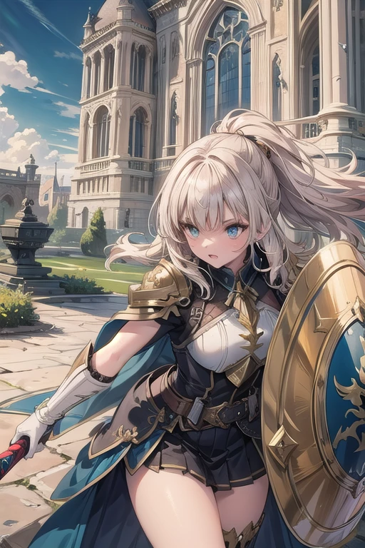 an action shot of a female fantasy game character wielding a golden and blue sword and shield, wearing white armor, heaven in background, HD, masterpiece, best quality, hyper detailed, ultra detailed,