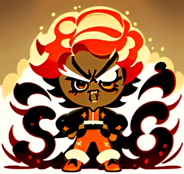 Marigold Cookie, orange Short Shaggy Undercut Hair with White Long side Swept Bangs, Orange Tracksuit, White Eye, Spike Teeth, Angry And Rage, Style of Cookie Run