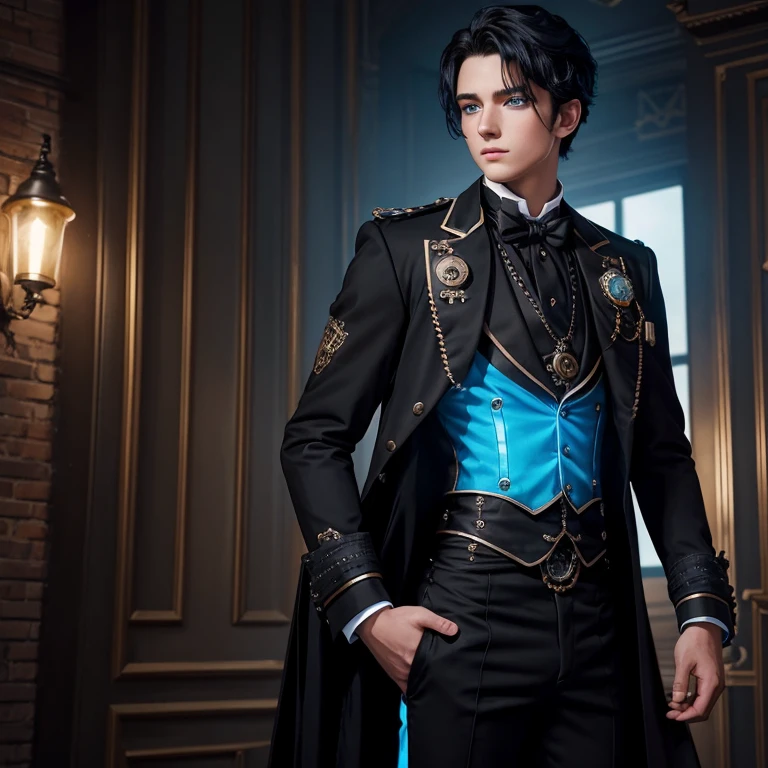 20-year-old boy in black Steampunk gala suit with neon blue decorations, black pants, black hair, blue eyes, looking straight at the viewer with