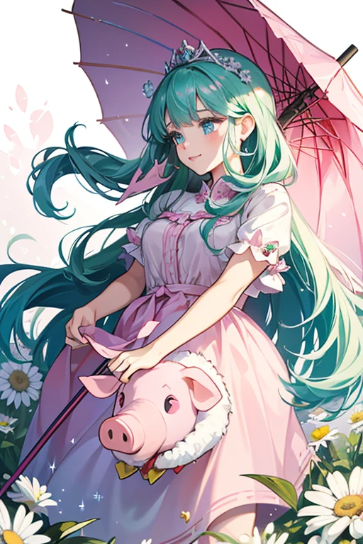 Gala is a light pink pig with big, bright blue eyes with large black pupils, as well as cheeks that are a slightly darker pink than the rest of her. She also wears a crown of red, green and white flowers on her left ear. The tips of her hooves are the same color as her cheeks. Gala initially wears the daisy tee, and she carries the daisy umbrella on rainy days. SPARKLE; GLITTER