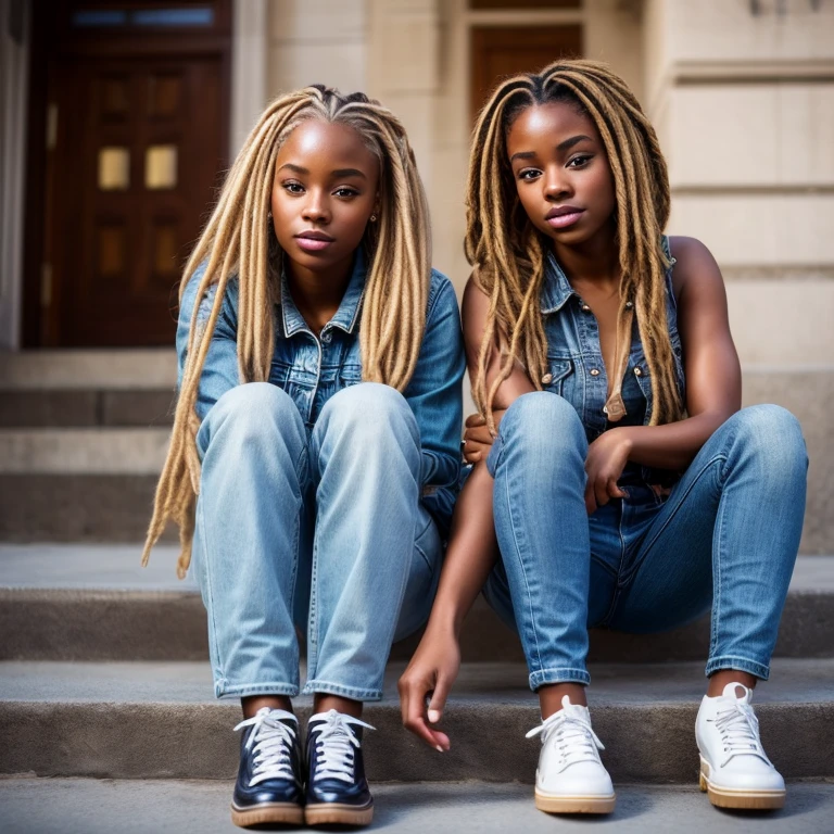 A beautiful detailed social media image of two college friends melanin girls ,one with blonde faux locs another with straight blac hair dressed in trendy denim and doc martin shoes a pinterest image, high detailed. realistic texture. hyper-detailed ,ultra high resolution , 2 beautiful friends with perfect bodies