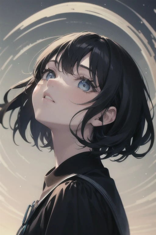best quality, masterpiece, black hair, blue eyes, looking up, upper body