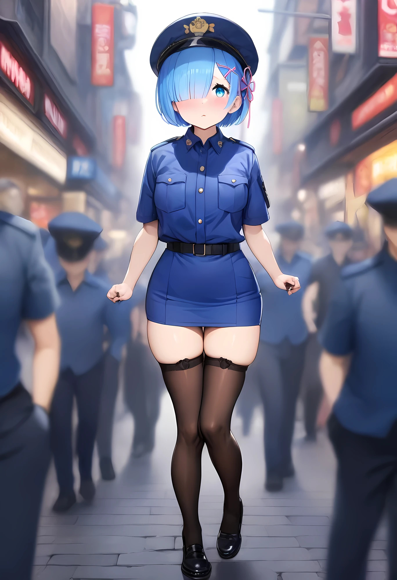 masterpiece, best quality, very aesthetic, absurdres, full body shot,(police costume:1.3), (button gap:0), police skirt, police cap, stockings with garter, on the crowed street, 1girl, rem \(re:zero\), re:zero kara hajimeru isekai seikatsu