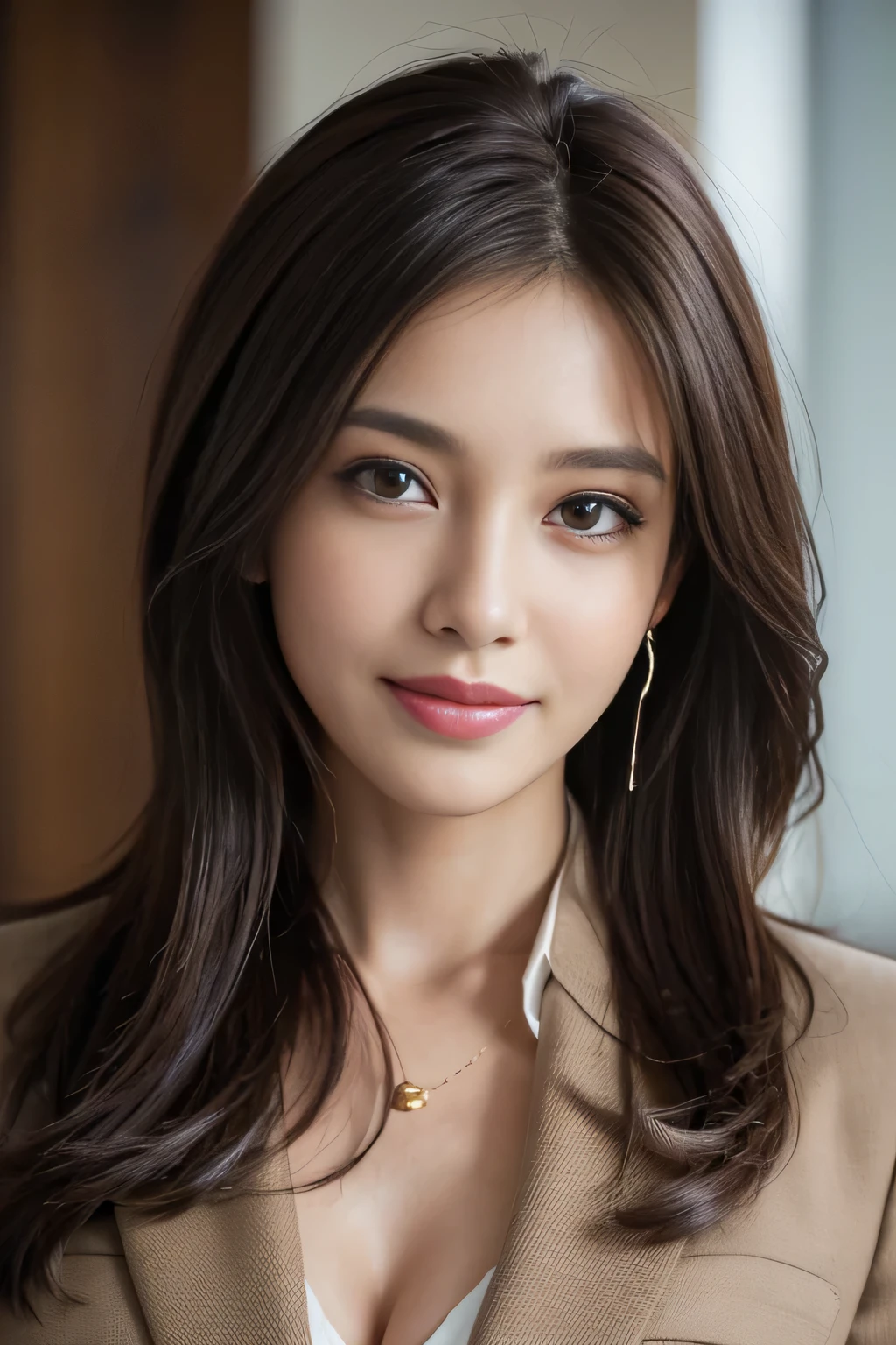 table top, highest quality, realistic, Super detailed, finely, High resolution, 8k wallpaper, 1 beautiful woman,, light brown messy hair, wearing a business suit, sharp focus, perfect dynamic composition, finely beautiful eyes, thin hair, Detailed and realistic skin texture, smile, close-up portrait, model body shape