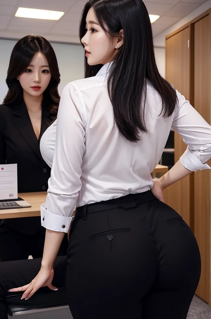 Super Beautiful Office Lady、Plump ass、Y shirt、 Black suitpants、posterior view、(((ultra best quality, ​masterpiece))), (((ighly detailed)))