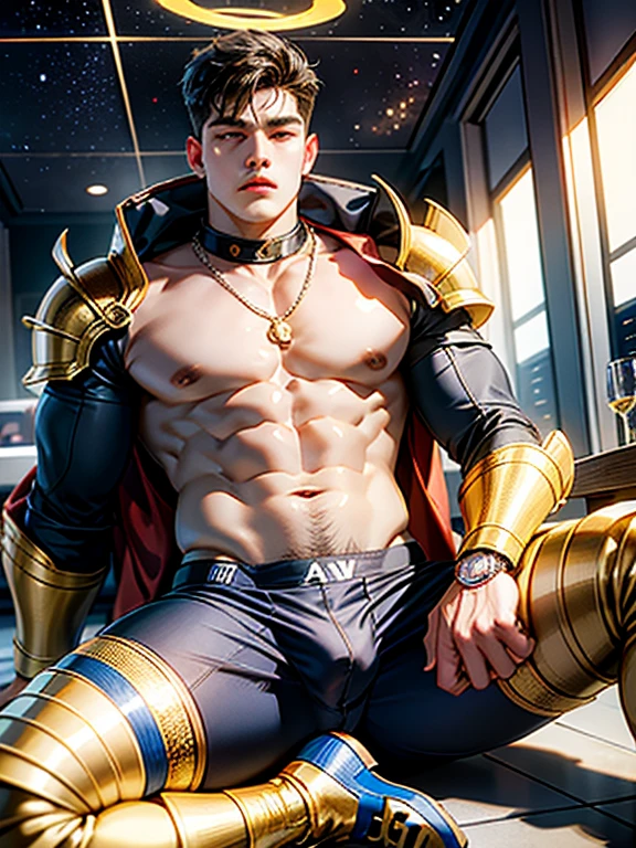 man with halo armor,  in a space base,Slightly rusty aura armor, professional photos, Milky Way Arav, a man with a K letter necklace on his neck and a shirtless torso., have a belly, Sit comfortably while spreading your legs., (fat(from below:1.1)), Eyes on the viewer, Korean muscular boy, 2 , [ Strictly defines the abdomen ]!!, perfect body, 21 years old, 22 years old, tear, Medium shot of the big man., Asian man, [ A firmly defined abdomen ]!!, 18 years old,((((Convex crotch)))),gold shawl