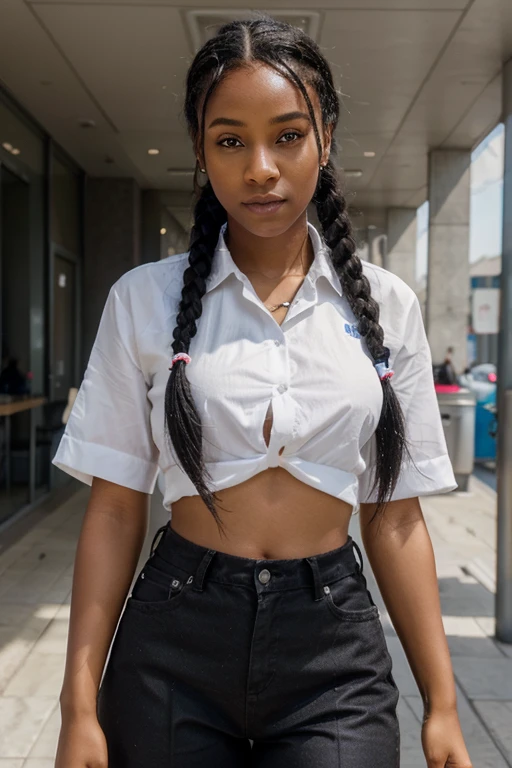 Create an avatar character of a confident black girl with black braided hair (plaitings), wearing a crisp white shirt. She should have a friendly expression and exude confidence and professionalism.