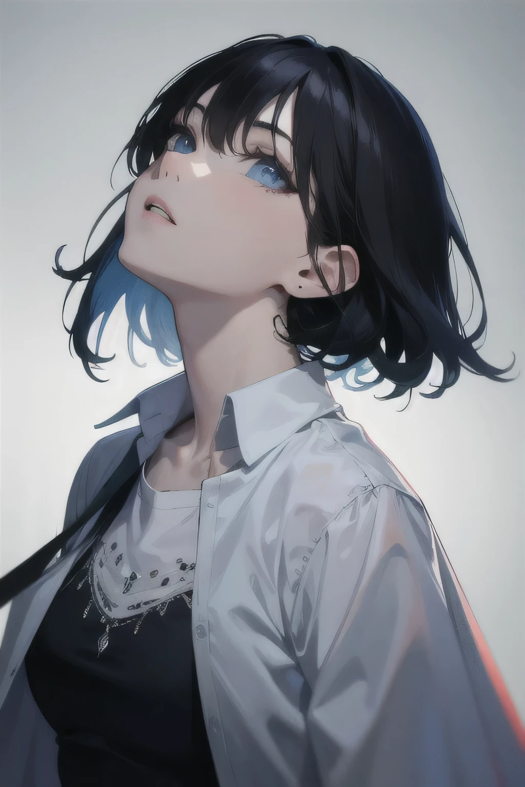 best quality, masterpiece, black hair, blue eyes, looking up, upper body