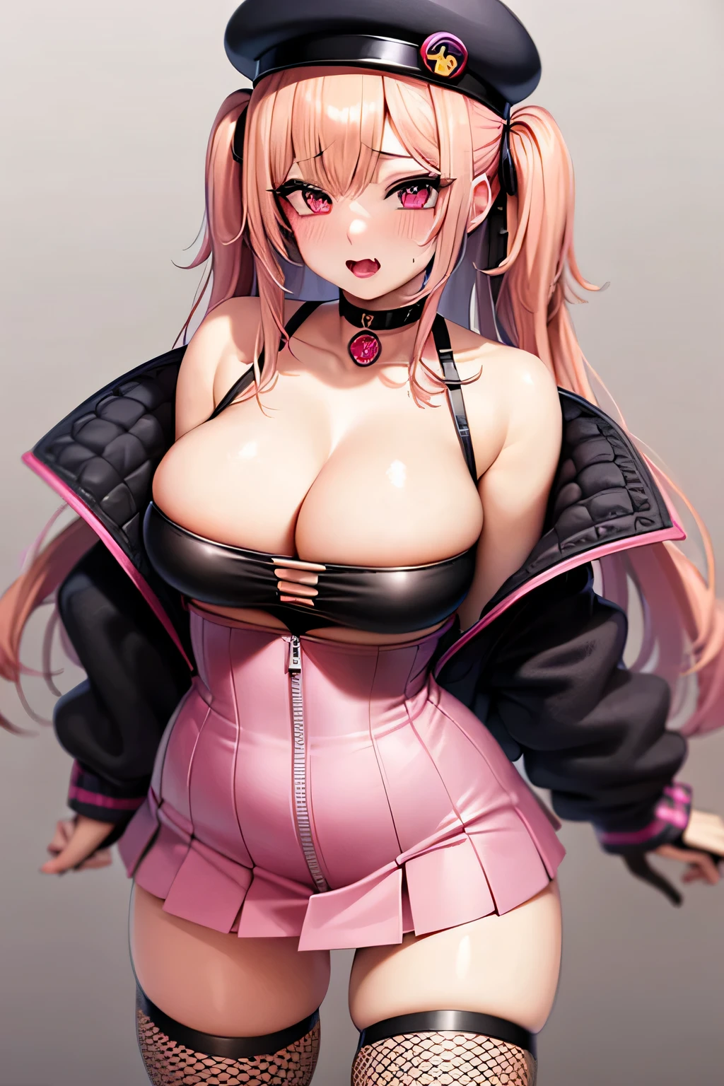 1girl 1guy, gyaru, exposed tits, cum covered face, black cock, choker, miniskirt, fishnet stockings, cleavage, c-cup breasts, blonde pink and purple hair highlights, voluptious, eye shadow, dark eyeliner, thick thighs, hot as fuck, best quality,