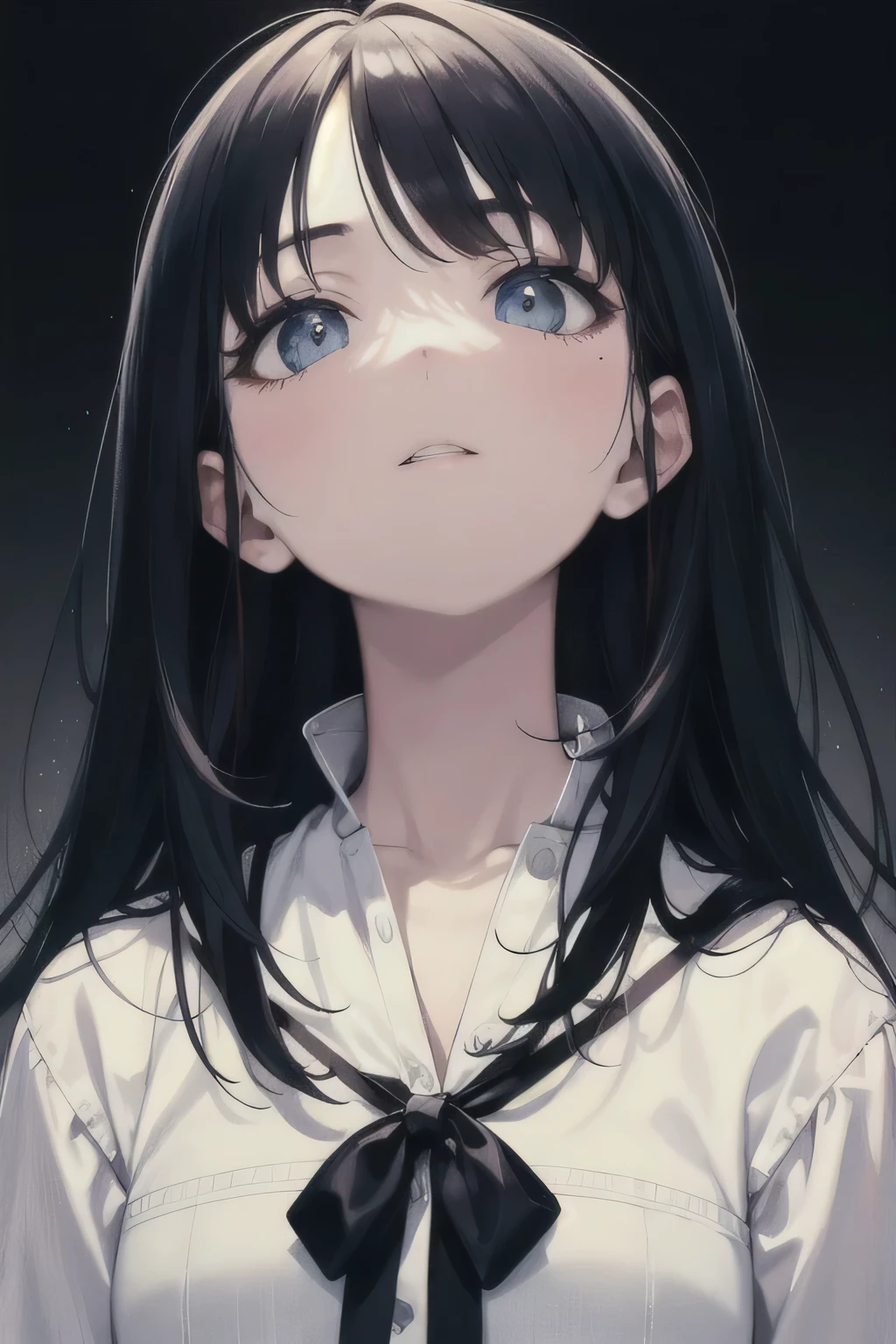 best quality, masterpiece, black hair, blue eyes, looking up, upper body