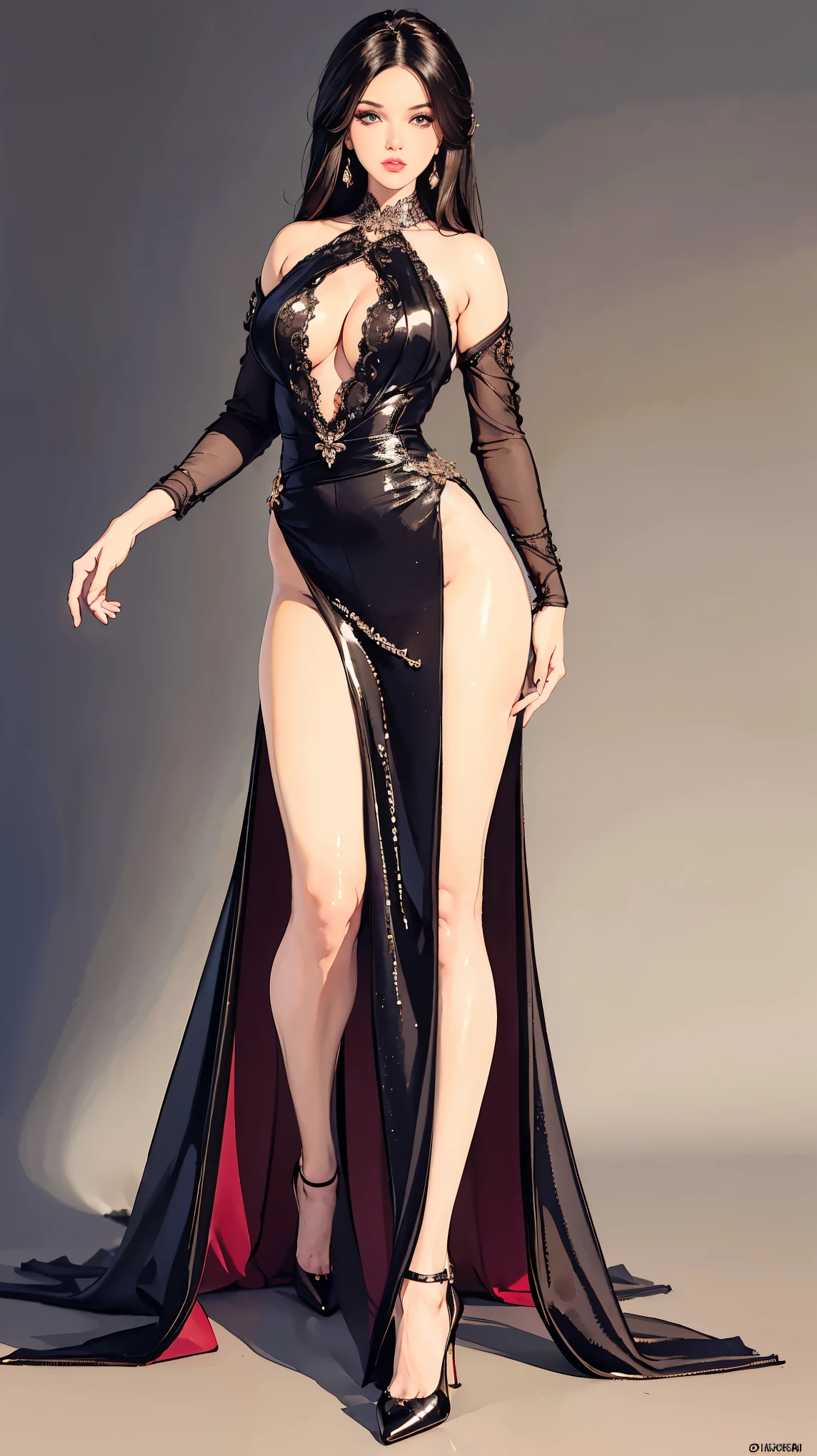 ((best quality,4k,highres,masterpiece:1.2)),((character concept art)), 1 female, Spanish, age 29, (((olive skin color, dark brunette hair))), and the body of a seductive flamenco dancer (busty, slim fit curvaceous body). She is ((wearing a sparkling silver flamenco-inspired dress with a fitted bodice, plunging neckline, cinched waist, and a voluminous skirt)). The dress is made from luxurious satin, embroidered with delicate lace, adorned with Swarovski crystals, and completed with a long, dramatic train. The back dips down to a low V, adding allure, and a high leg slit enhances the overall sensuality of the ensemble. She pairs the dress with Christian Louboutin high heels. Her gaze is intense and alluring, reflecting her captivating personality and intriguing background, (standing gracefully), (full body showcase), (show full body), (no logos on background), (no logo), ((plain background)), ((plain background)), (((empty background))).