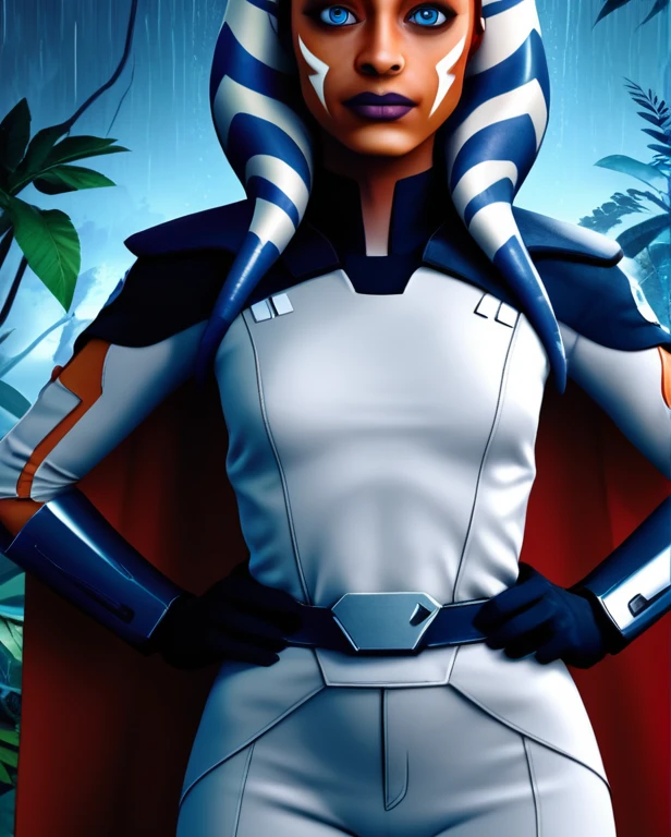 zPDXL, source_anime, BREAK ahsoka tano, cape, armor,black gloves,tight bodysuit,black cape,black pants, BREAK close-up, solo, standing, front view, medium breasts, hands on hips, wide hips, BREAK x3dce, 3d, jungle background, dense vegetation, rain, night, night sky,