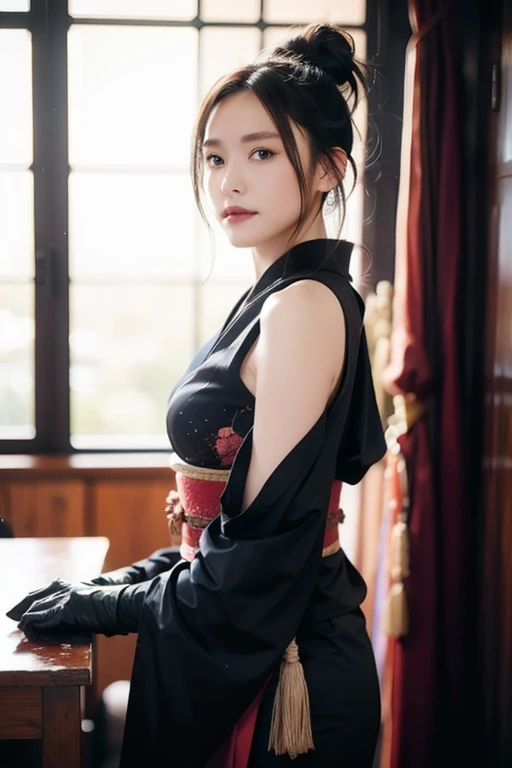 (RAW shooting:1.2, Photoreal:1.5, 8k:1.2, highest quality:1.2, masterpiece:1.2, ultra high resolution:1.2), (perfect dynamic composition:1.2, Highly detailed skin and facial textures:1.2,beautiful and aesthetic:1.2, full body:1.2, Fair skin:1.2), (large breast:1.4, Chest gap:1.4), (perfect limbs:1.2), (perfect fingers:1.2),(1girl:1.2,tall:1.2,sexy:1.2,asian:1.2,glamour:1.2,makeup:1.2),(sitting:1.2,chair:1.2,legs together:1.2),(earrings:1.2),(ragnarok_ninja:1.2),(red ninja scarf:1.2),(black short hair cut:1.2),(hairband:1.2),(double eyelid:1.2),(sash:1.2),(knife:1.5),(simple background:1.2),(thigh tights:1.2),(ninja boots:1.2),