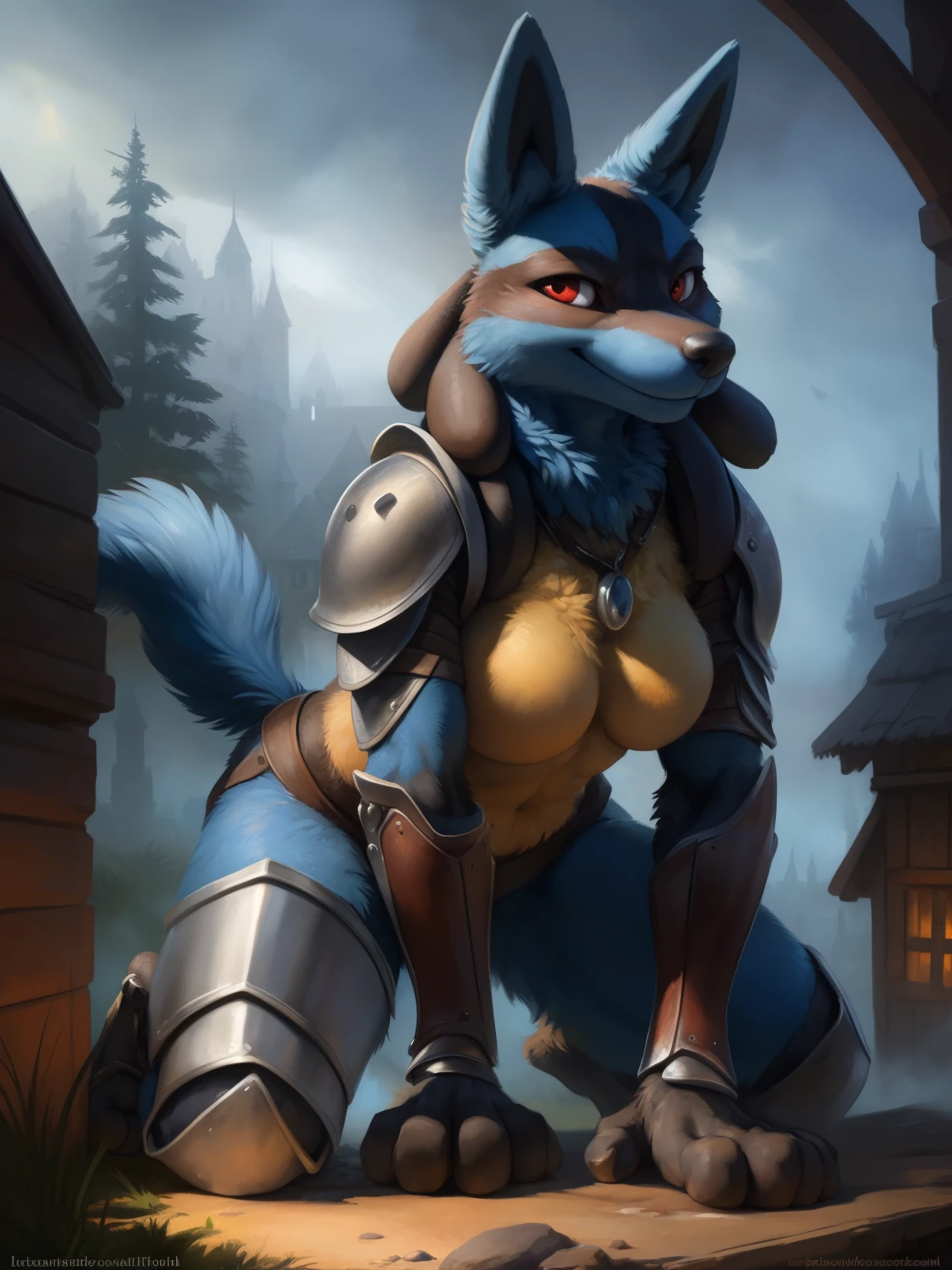 (ultra detailed), a beautiful and detailed full size portrait of a female anthro Lucario, pokemon, Lucario tail, bedroom eyes, close up view, cinematic shot, red eyes, detailed eyes, big body goddess, kenket, Ross Tran,ruan jia, trending on artstation,foxovh, cenematic lighting, big breaths, big  (((medieval armor))), full body, feets, pose, ((((seductive, sexy pose))), fog, medieval place, night, smile,, detailed background,
