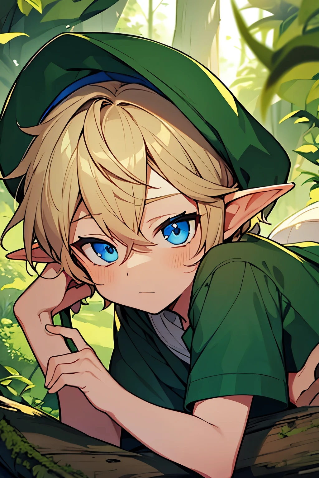 boy, elf, kid, male, blonde, colorful eyes, blue right eye, green left eye, forest