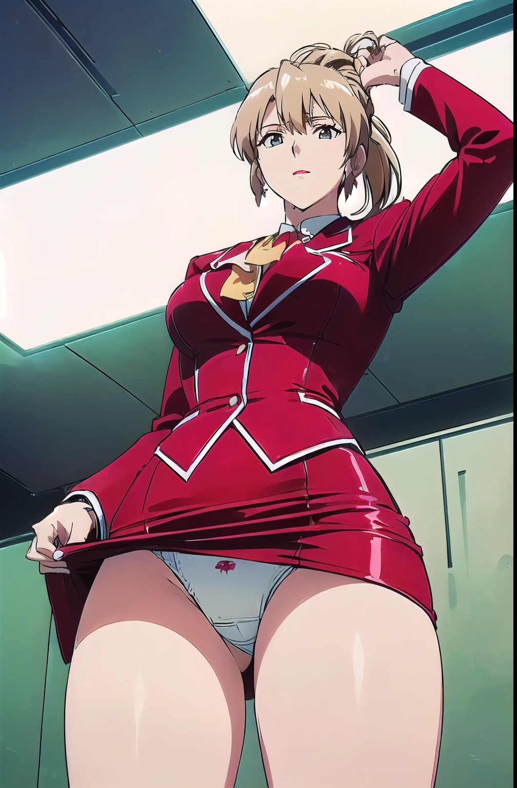 masterpiece, highest quality, 1 girl, (one body), super detailed, High resolution, Very detailed CG, 1st Default, first closing, (first hairstyle:1.5), (folded ponytail:1.5), (40mature adult woman:1.5), long sleeve, (big:1.5), office, (red面), smile, (red_Jacket:1.5), whiteのシャツ, earrings, Ascot, brooch, (red_pencil skirt:1.5), (red_lips), whiteいthighs, huge breasts, (wide pelvis), (Are standing), (とてもbig_lower body:1.5), (Very thick_thighs:1.5), (完全に露出したpanties:1.5), (panties丸見え:1.5), (white_race_Floral_panties:1.5), (lift the skirt:1.5), (スカート that rolls up:1.5), (股間のアップをfrom below見上げる_perspective:1.5), (from below:1.5), (looking at the viewer), (cowboy shot)