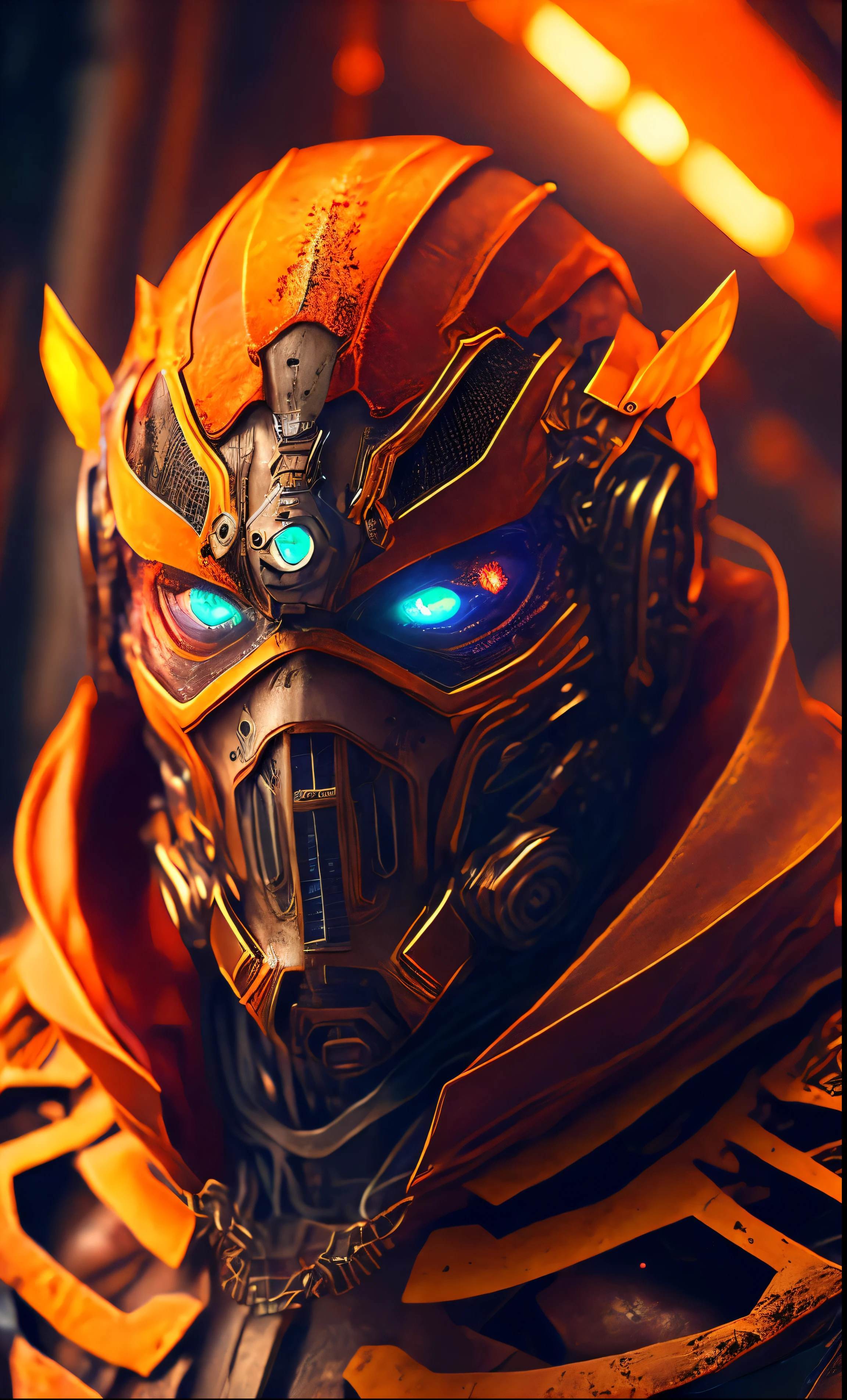 breathtaking cinematic science fiction photo of a portrait of a non human masked Grim wrapped in orange chrome metal skin, body full glowing metrics inside, glowing multicoloured eyes, multifaceted eyes, metallic arms, inside a destroyed building, extremely menacing creature, highly detailed, award-winning