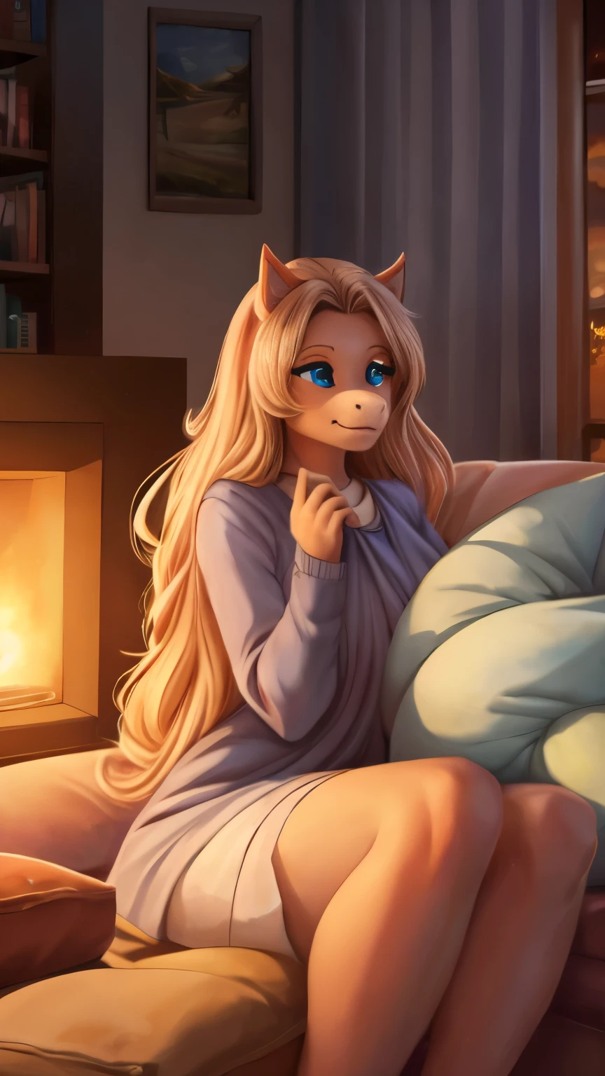 In a cozy living room setting, a cute anthro scalie sits on a plush couch, her long hair cascading down her back and her claws curled gently around the fabric. Her face is adorably frightened, featuring big, bright blue eyes that sparkle with fear and innocent lips that quiver under the dim, warm glow of the television. Enveloped by a cloud of soft pillows, the air around her is filled with the subtle yet comforting scent of the room.