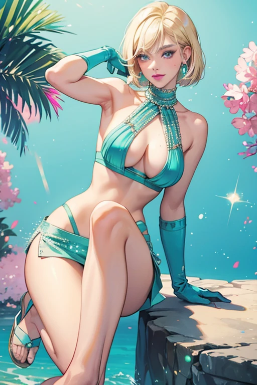 Gigi have a blonde bob haircut. She wears heavy seafoam eyeshadow and pink lipstick. She also has a beauty mark on her left cheek. Gigi's initial clothing is the Beaded Tank. She also wears gloves and footwear. SPARKLE; GLITTER