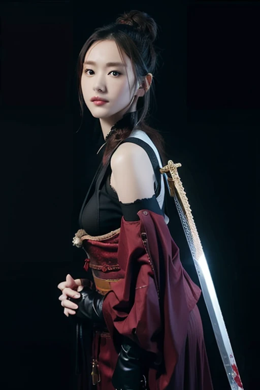 warrior,arms,armor,sword,alone,japanese armor,warrior,long hair,black hair,holding,knife,holding arms,topknot,looking at the viewer,cigarette,1 girl,hair ornaments,ponytail,sheath,black eye,holding sword,shoulder armor,Blood,male focus,Hairpin,kusazuri,sheathed,gloves,kimono,Blood splatter,Are standing,black gloves,looking to the side,cowboy shot,Wind,breastplate,realistic,high ponytail,floating hair,sheath,
highest quality,masterpiece,very delicate and beautiful,cg,unity,8k wallpaper,wonderful,finely,masterpiece,official art,very detailed cg unity 8k wallpaper,incredibly absurd,huge file size,Super detailed,High resolution,very detailed,