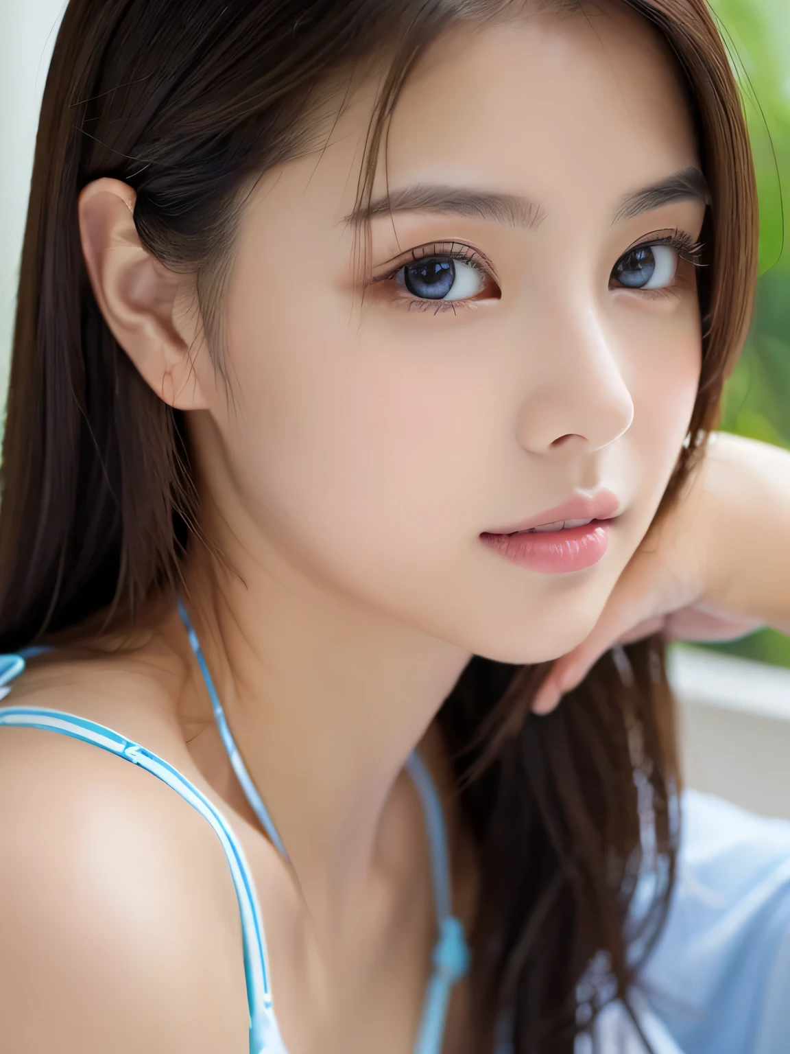 (((32ｋ,high details,high detail、masterpiece,attention to detail,alone))),Raw photo & realistic atmosphere,beautiful dark blue eyes,detailed mouth,glossy lips,thin eyebrows,fine eyes、Soft white skin that shines in every detail、her deep black eyes are so beautiful,lip details、very beautiful face,very well-shaped face、lifelike face,shining beautiful lips,beautiful eyebrows,infinite reality, Realistic young gravure idol,she&#39;she&#39;she&#39;she&#39;she&#39;she&#39;she&#39;she&#39;she&#39;she&#39;s a very cute woman , young gravure idol, young gravure idol, She is a very beautiful and cute 21 year old beauty.....,An incredibly beautiful and elegant 21-year-old beauty,natural soft light,（shiny hair,,Beautiful and kind eyes：1.5）,gentle smile,well-shaped chest,medium long hair,seaside，bikini,beautiful posture,no makeup,whole body，background sea，Do not put white marks in the corners，