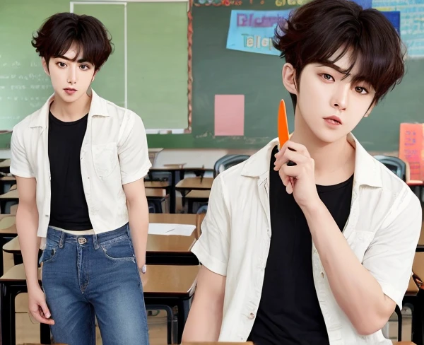One boy、Beautiful Boy、18-year-old、Japanese Boy、Beautiful Boy、Black Hair、classroom、black boxer、naked top,