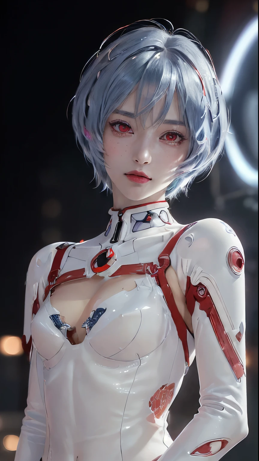 (best quality, masterpiece, colorful, dynamic angle, highest detailed)(\Rei Ayanami\), upper body photo, fashion photography of cute girl (\Rei Ayanami\), red eyes, dressing high detailed Evangelion white suit (high resolution textures), in dynamic pose, bokeh, (intricate details, hyperdetailed:1.15), detailed, moonlight passing through hair, (fantasy colors background, official art, extreme detailed, highest detailed), HDR+, ojos rojos, ojos rojos