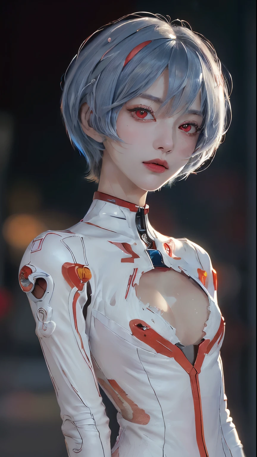 (best quality, masterpiece, colorful, dynamic angle, highest detailed)(\Rei Ayanami\), upper body photo, fashion photography of cute girl (\Rei Ayanami\), red eyes, dressing high detailed Evangelion white suit (high resolution textures), in dynamic pose, bokeh, (intricate details, hyperdetailed:1.15), detailed, moonlight passing through hair, (fantasy colors background, official art, extreme detailed, highest detailed), HDR+, ojos rojos, ojos rojos