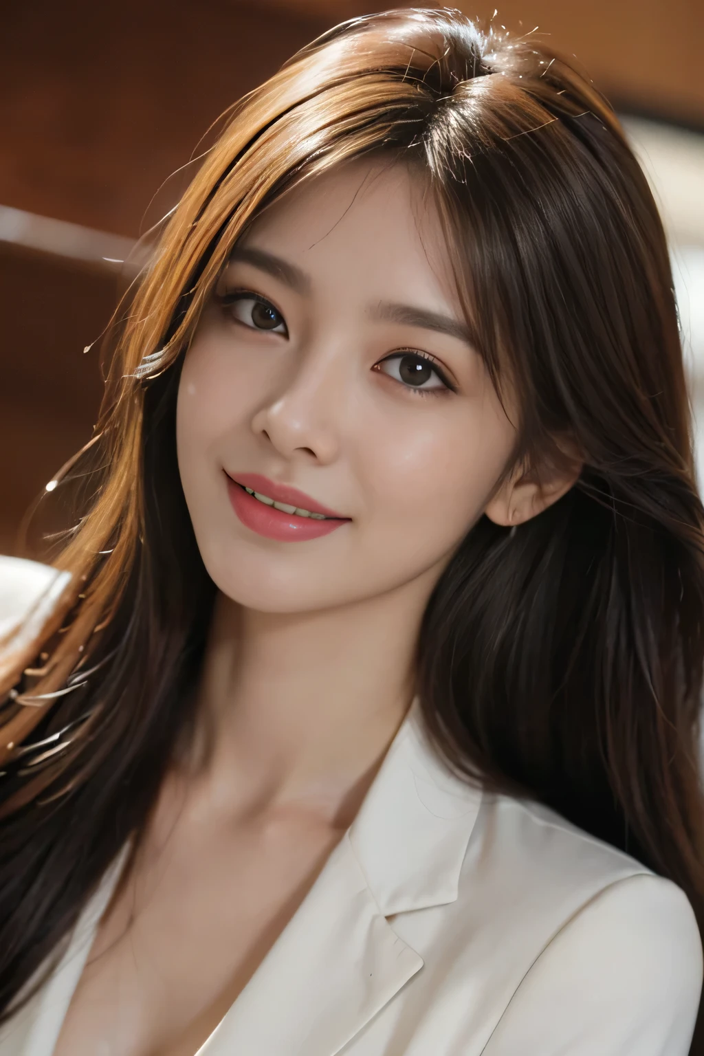 table top, highest quality, realistic, Super detailed, finely, High resolution, 8k wallpaper, 1 beautiful woman,, light brown messy hair, wearing a business suit, sharp focus, perfect dynamic composition, finely beautiful eyes, thin hair, Detailed and realistic skin texture, smile, close-up portrait, model body shape