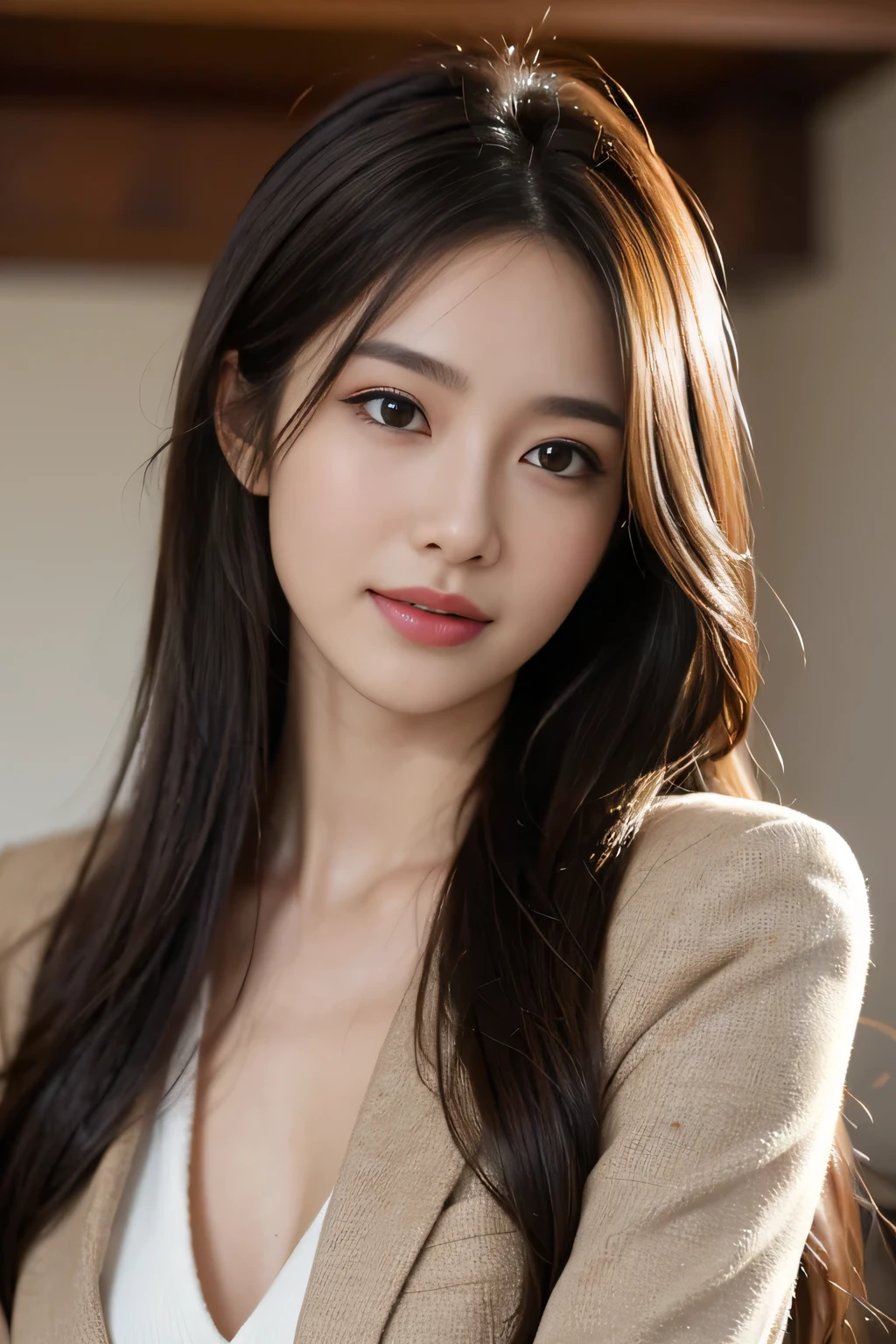 table top, highest quality, realistic, Super detailed, finely, High resolution, 8k wallpaper, 1 beautiful woman,, light brown messy hair, wearing a business suit, sharp focus, perfect dynamic composition, finely beautiful eyes, thin hair, Detailed and realistic skin texture, smile, close-up portrait, model body shape