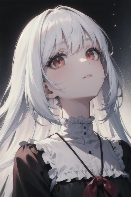 best quality, masterpiece, white hair, red eyes, looking up, upper body