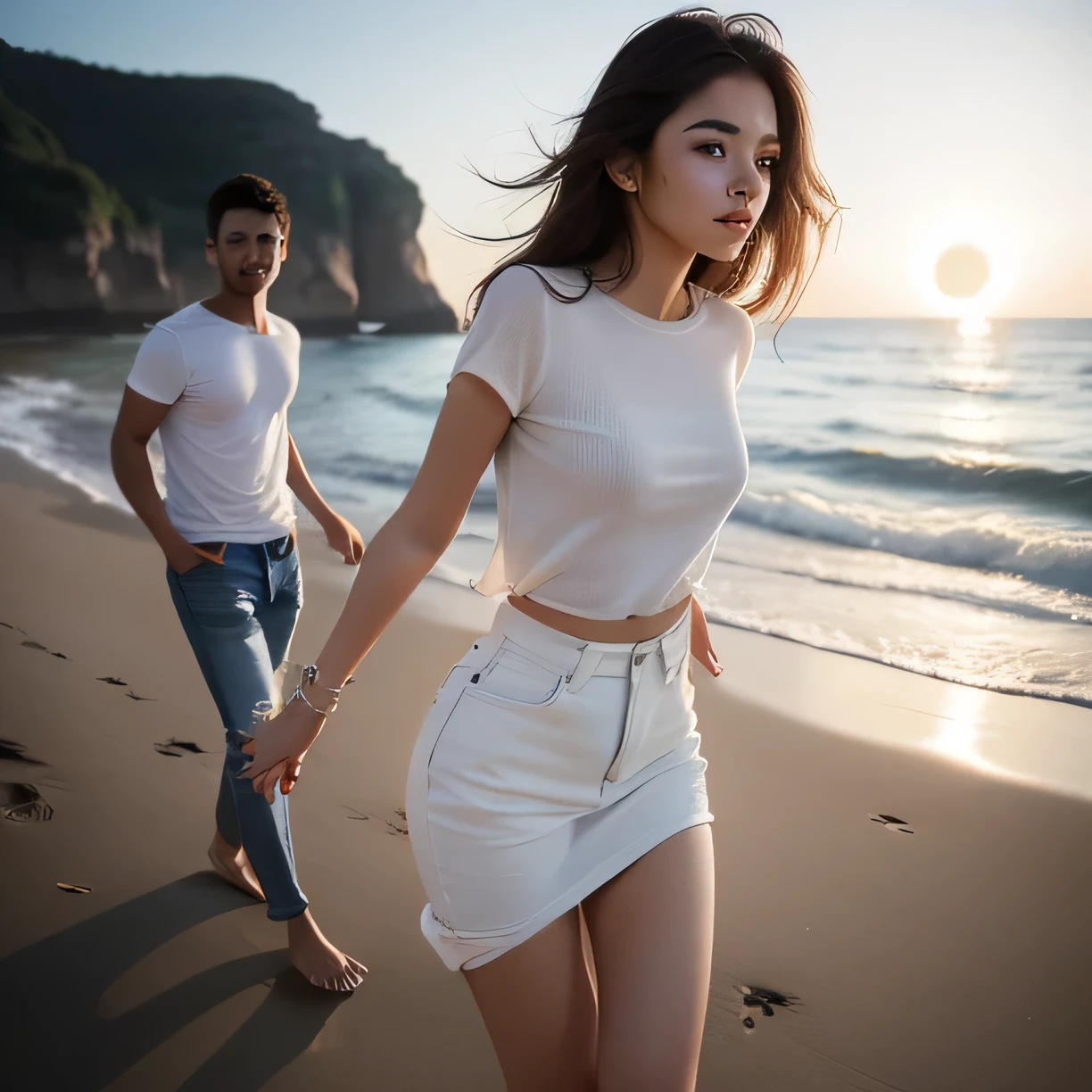 Realistic, ((full body image)), ((1 boy, 1 girl)), walking together on the beach, walking very close together, (the boy are holding hands as they walk), ((1 ), small breasts, small butt, long brown hair, trim athletic body, barefoot, beautiful perfect face, (wearing an elegant white very short dress, dress has a very narrow waist band), ((urination, she is looking down with a very desperate look on her face, she is desperate to pee, she has one hand in her crotch trying to hold her pee))), (1 boy, muscular, wearing a white t-shirt and ((full length denim blue jeans)), barefoot, looking admiringly at the girl lovingly as they walk), the sun is setting over the ocean with a very romantic glow on the scene.