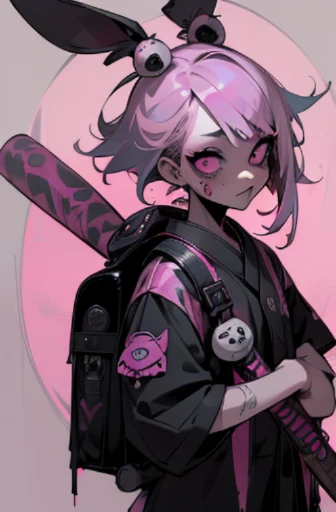 ((18-year-old punk girl,Unusual punk hair:1.3)),((pink and black punk fashion:1.5)),(rabbit stuffed animal:1.5)Studded clothing、((He has a bloody baseball bat in his right hand.:1.5))、((Black backpack on the back))、（bright black and pink hair:1.5）,Wacky makeup、full body, (masterpiece), (High resolution), (super delicate), scribble, nightmare, doll-like face, cartoon style, rough sketch, Horror elements, Comic style illustration, Japanese painting,  Apparition, (Creepy), Japanese carving, crazy illustration, antique, dark atmosphere, flat illustration,Creepyな外観, Distinctive messy hairstyle, creative accessories, unique atmosphere
