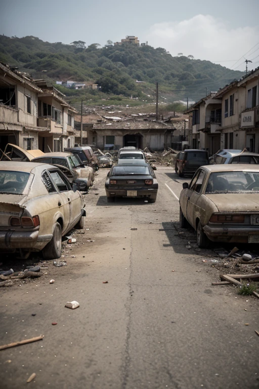 ((Melhor qualidade)), ((obra de arte)), (detalhado), imagem de uma cidade abandonada, full of vegetation, carros velhos abandonados, Destroyed buildings, toda suja, apocalyptic scenario, aspecto macabro,bem triste,sem vida
