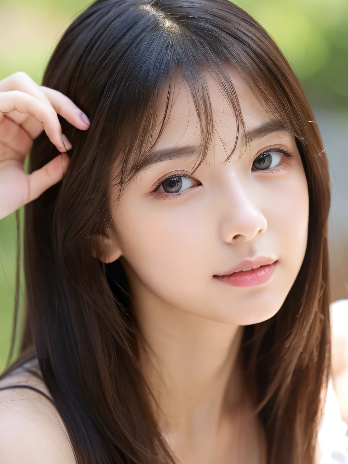 (((32k,high details,high detail、masterpiece,attention to detail,alone))),Raw photo & realistic atmosphere,beautiful dark blue eyes,detailed mouth,glossy lips,thin eyebrows,fine eyes、Soft white skin that shines in every detail、her deep black eyes are so beautiful,lip details、very beautiful face,very well-shaped face、lifelike face,shining beautiful lips,beautiful eyebrows,infinite reality, Realistic young gravure idol,she'she'she'she'she'she'she'she'she'she's a very cute woman , young gravure idol, young gravure idol, She is a very beautiful and cute 22 year old beauty.....,Incredibly beautiful and elegant 22-year-old beauty,natural soft light,(shiny hair,,Beautiful and kind eyes:1.5),gentle smile,well-shaped chest,medium long hair,seaside,bikini,beautiful posture,no makeup,whole body,background sea,Do not put white marks in the corners,
