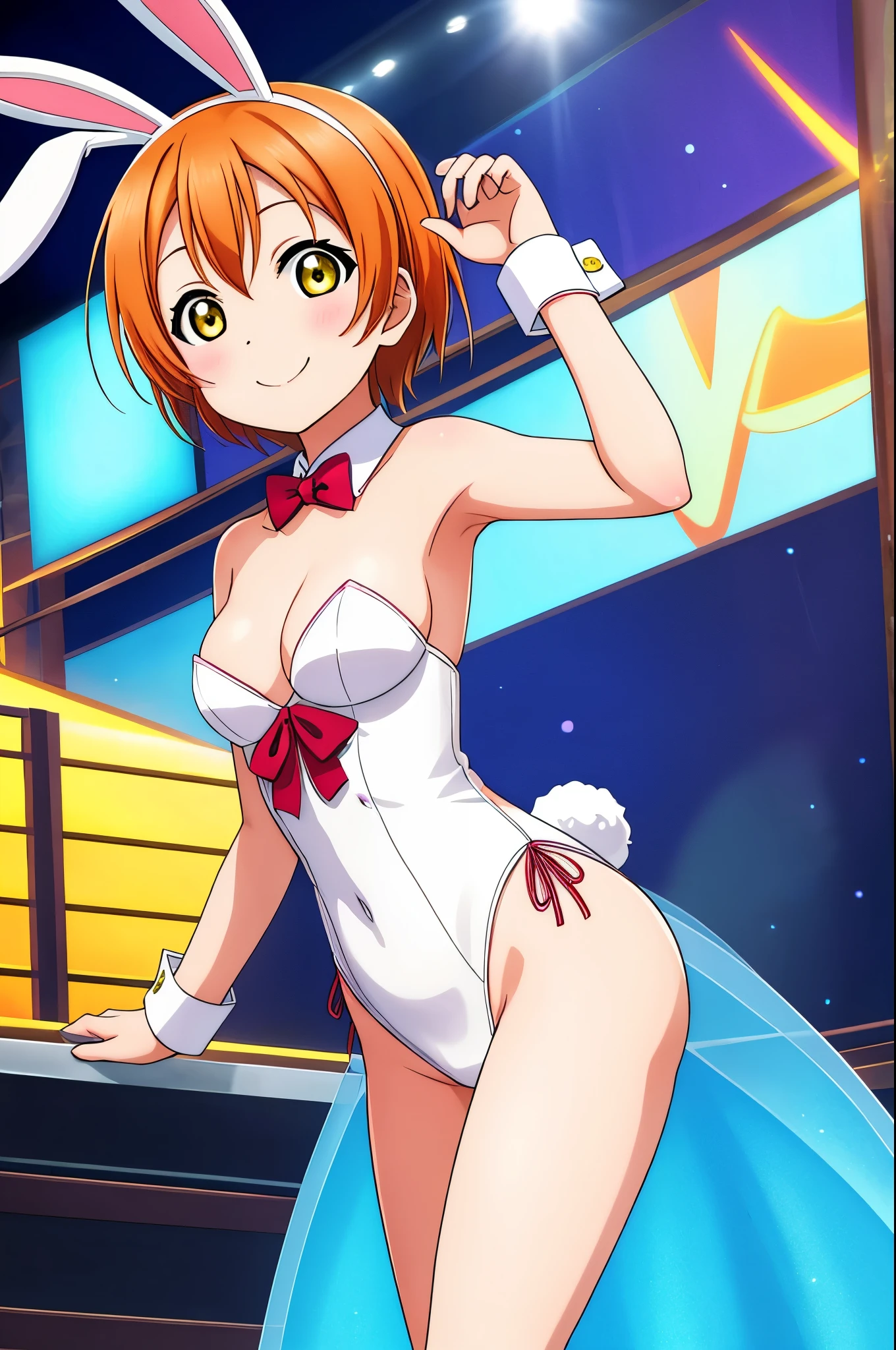 Hoshizora rin, yellow eyes, orange hair,playboy bunny , standing , cowboy shot , smile 