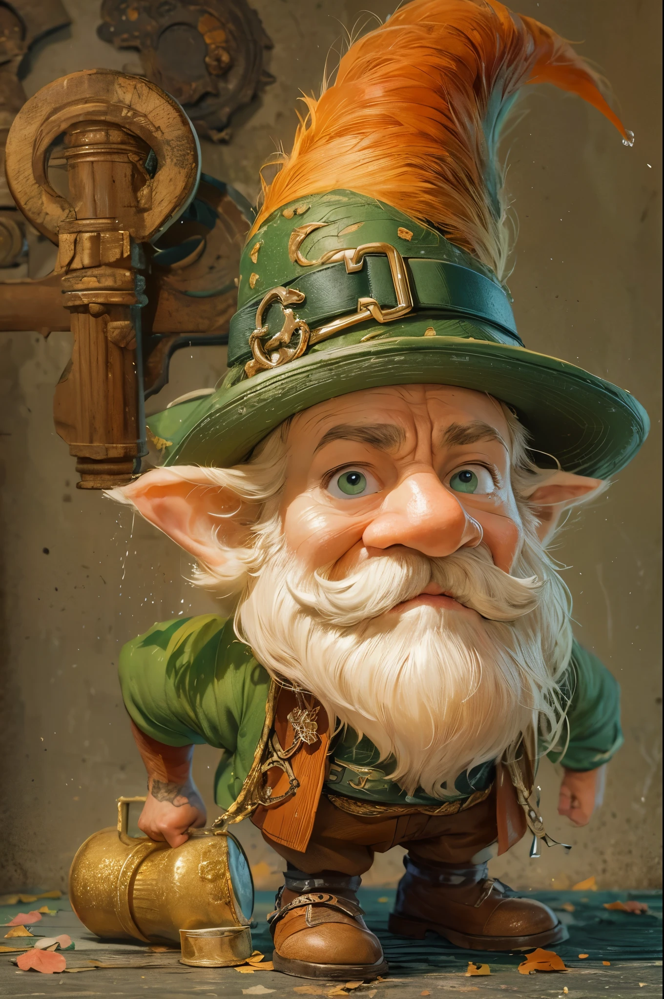 (master piece), 8k, best quality, cartoon, Leprechaun, tiny little man, 1 meter tall, blond hair, blond beard, old man, wrinkled skin, thick nose, brown eyes and pointed elf ears, which denote his magical nature , green clothing, often accompanied by a red cap, a strange green three-cornered hat, a leather apron, pipe, small old and worn hammer, shoes with buckles complete his characteristic attire.